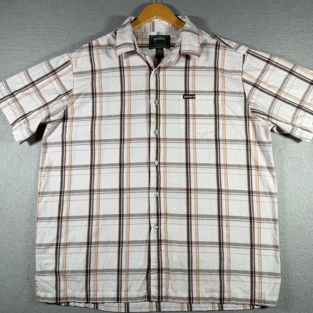 Avirex Superior Mens XXL Short Sleeve Plaid Button Down Shirt White Brown Orange